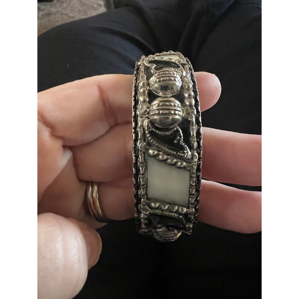 60s era silver-plated tribal glass panel hinged clamper bangle bracelet